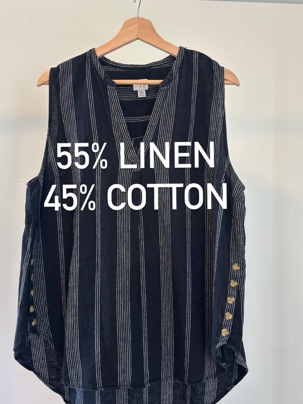 Striped Sleeveless V-Neck Tunic Top | Linen & Cotton | Size XXL